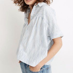 Shirred-Yoke Popover Top in Seersucker Stripe NWOT